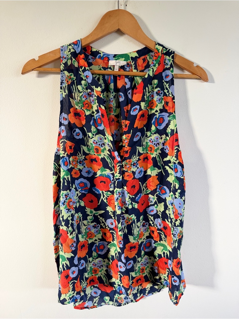 Joie Navy Floral V-Neck Sleeveless Tank Silk with Red & Blue Blooms Medium
